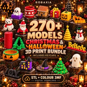 Puede incluir: Una colección digital de más de 270 modelos 3D para Navidad y Halloween, incluyendo teclas, con figuras en miniatura como Santa, un muñeco de nieve, fantasmas, una calabaza, un árbol de Navidad y una casa de jengibre, con el texto ROBAXIA.