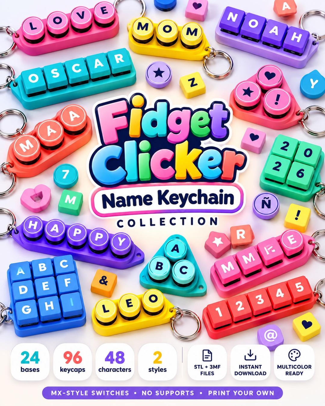 Fidget Clicker Keychain STL 3MF, Custom Name Keycap Fidget, 1-9 Key ...