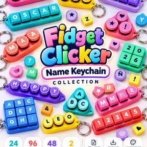 May include: A collection of colorful fidget clicker name keychains featuring mechanical keyboard-style switches. The image displays various shapes and letter configurations, including names like LOVE, MOM, NOAH, OSCAR, MAA, HAPPY, and LEO, alongside numeric and symbol blocks.