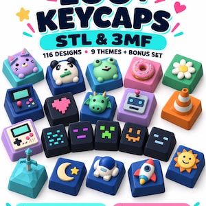 May include: A collection of 100+ keycaps featuring 116 designs across 9 themes and a bonus set. The image displays various colourful 3D-printed keycap models including animals, food, space, and gaming icons with text reading 100+ KEYCAPS STL & 3MF.