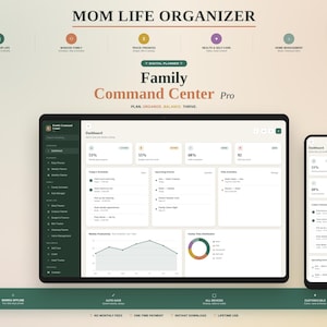 Op de afbeelding: Een digitale planner genaamd Mom Life Organizer en Family Command Center Pro weergegeven op een tablet en smartphone. De interface bevat een dashboard met voortgangsbalken, schema's, aankomende evenementen en grafieken in groen en wit.