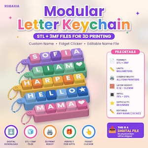 Pode incluir: Um arquivo digital para um chaveiro de letras modular com cinco blocos de plástico coloridos e empilháveis com nomes como SOFIA, LIAM, HARPER, HELLO e MAMA. O design inclui um mecanismo de clique, uma corrente de bolinhas e especificações técnicas para impressão 3D em formatos STL e 3MF, com altura de camada de 0,12 a 0,2 mm.