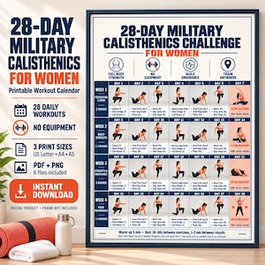 Puede incluir: Un póster de calendario de entrenamiento de 28 días de calistenia militar con un marco azul oscuro. El gráfico muestra rutinas de ejercicios diarias, iconos de fuerza, sin equipo, resistencia y entrenamiento, más texto.