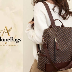 May include: A brown and black checkered backpack with a vertical front zipper, brown shoulder straps, and a top handle. The logo AveluneBags Timeless Elegance is visible on the left side of the image, featuring a gold letter A with a leaf accent.