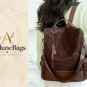 May include: A brown backpack featuring a dark brown leopard print pattern on the main body, a vertical zippered front pocket with a leather-like pull, side pockets, and solid brown leather-like trim at the base and top handle with adjustable straps.