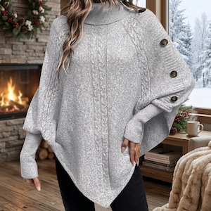Poncho a collo alto oversize in maglia a trecce, comodo capo invernale