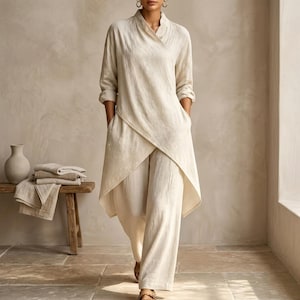 May include: A beige long-sleeved tunic with a wrap-style front and an asymmetrical hemline, paired with matching wide-leg trousers. The set features a textured fabric finish, a high collar, and a loose, flowing silhouette that reaches mid-thigh.