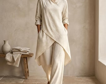Conjunto de túnica asimétrica y pantalón con bolsillos para mujer, ideal para otoño e invierno (5 colores).
