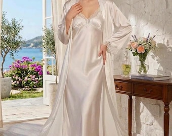 Conjunto de camisón y bata de encaje satinado, ropa de dormir romántica para novias (3 colores)