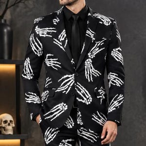 Men's Skeleton Hand Pattern Suit | Black White Halloween Party Wear