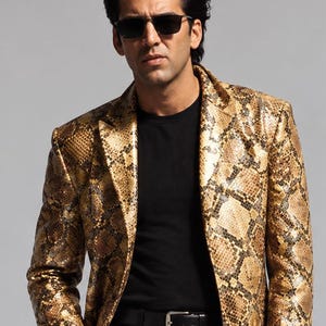 Herrenblazer in Goldbraun mit Schlangenmuster | Elegante Jacke mit Metallic-Muster (nur Mantel)