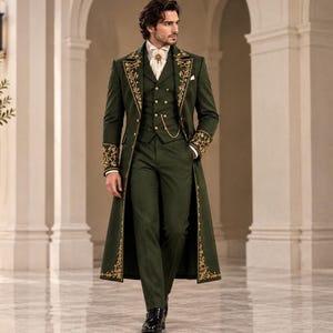 Olive Green Victorian 3-Piece Menswear, Long Tailcoat, Gothic Formal Suit