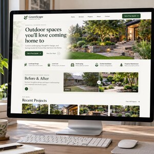 Puede incluir: Un monitor de computadora muestra el sitio web de GreenScape Landscaping. La página de inicio presenta una sección principal con texto, un menú de navegación, iconos de servicios y una galería de antes y después de proyectos.