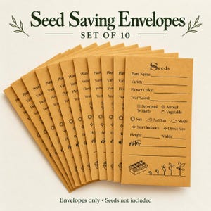 May include: A set of 10 tan paper seed saving envelopes arranged in a fan shape. Each envelope features black printed text including fields for plant name, variety, flower colour, year saved, and checkboxes for plant type, light requirements, and planting method.