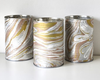 Set of 3 Upcycled Metallic Marble Tin Can Storage Pot Planter Vases