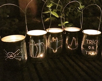 Set of 6 Upcycled Halloween Tin Can Lanterns Decoration