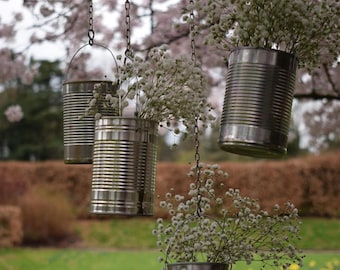 Set of 10 Double Upcycled Chain Hanging Tin Can Rustic Wedding Vases