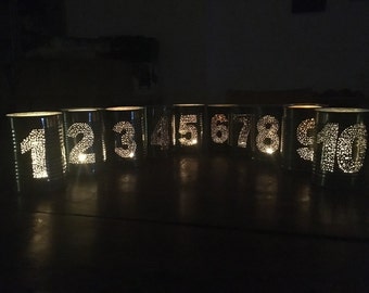 Set of 15 Upcycled Wedding Tin Can Table Numbers Alphabet Lantern