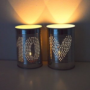 Personalised Ten Year Wedding Anniversary Heart Upcycled Tin Can Lantern Set
