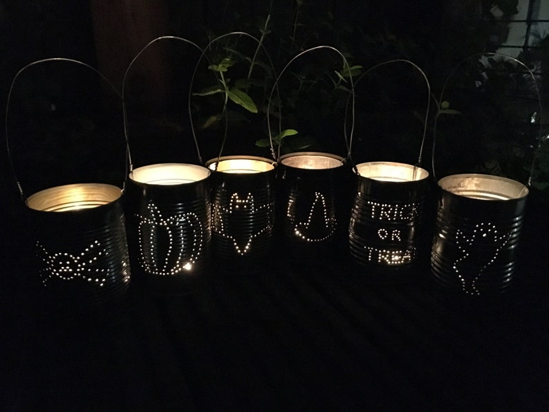 Set of 6 Upcycled Halloween Tin Can Lanterns Decoration image 3