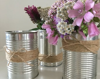 Set of 3 Upcycled Rustic Tin Can Wedding String Wrapped Vases