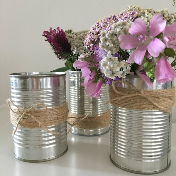 Set of 3 Upcycled Rustic Tin Can Wedding String Wrapped Vases