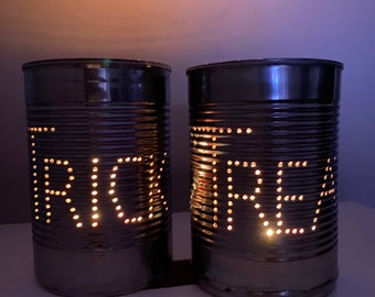 Set of 2 Upcycled Trick or Treat Lanterns Halloween Tin Cans