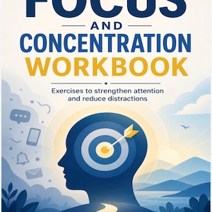 May include: A workbook cover titled FOCUS AND CONCENTRATION WORKBOOK: Exercises to strengthen attention and reduce distractions. The graphic features a blue silhouette of a human head with a target on the brain, an arrow, and icons of digital devices.