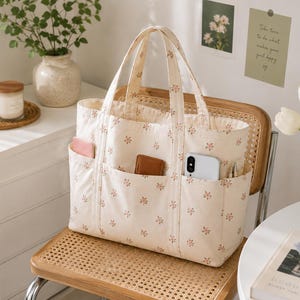 Puede incluir: Un bolso tote de lona color crema con un pequeño estampado floral repetitivo en rosa y verde. El bolso tiene dos asas superiores y tres bolsillos exteriores en la parte delantera, que contienen un tarjetero rosa, una cartera marrón y un teléfono inteligente.