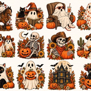 Peut inclure: Une collection de douze illustrations représentant des fantômes, des squelettes, des chats noirs, des citrouilles, des tournesols et des feuilles d'automne. Les motifs incluent un fantôme à cheval, un fantôme lisant et une maison hantée.