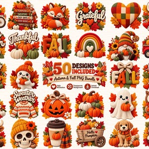 Op de afbeelding: Een verzameling van 50 digitale illustraties met herfstthema's, waaronder pompoenen, gebreide texturen, herfstbladeren, kabouters, geesten, dieren en seizoensgebonden teksten in een rasterindeling.