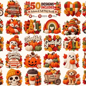 May include: A digital collection of 50 autumn and fall themed graphic designs featuring pumpkins, knitted sweaters, foxes, gnomes, ghosts, owls, hedgehogs, and text elements like Cozy Fall Days, Hello Fall, Thankful, Grateful, and Sweater Weather.