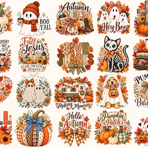 Peut inclure: Une collection de vingt motifs graphiques sur le thème de l'automne avec des citrouilles, des fantômes, des squelettes, des tournesols et des feuilles d'automne. Les illustrations incluent des textes comme Boo Yall, Autumn Vibes et Hey Boo.