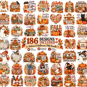 Peut inclure: Une collection numérique de 186 motifs graphiques sur le thème de l'automne et d'Halloween, comprenant des citrouilles, des fantômes, des chats noirs, des tournesols, des feuilles d'automne, des pulls, des camions et des textes saisonniers.