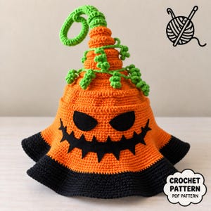 Pumpkin Witch Hat Crochet Pattern, Halloween Bucket Hat PDF, Jack O Lantern Wide Brim Hat, Spooky Fall Costume