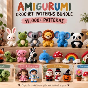 Peut inclure: Une collection de figurines amigurumi crochetées colorées incluant un ours, lapin, grenouille, koala, lion, éléphant, panda, girafe, renard, tortue, cochon, zèbre, baleine, champignon, arc-en-ciel et maison, avec le texte AMIGURUMI CROCHET PATTERNS BUNDLE.