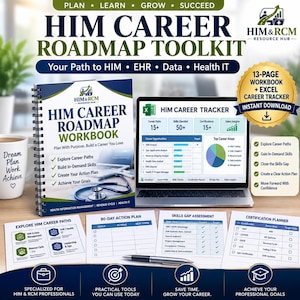 Pode incluir: Um caderno de exercícios HIM Career Roadmap encadernado em espiral, um laptop exibindo um rastreador de carreira em Excel e quatro folhas de planejamento impressas. Os materiais incluem texto como HIM Career Roadmap Toolkit e gráficos.