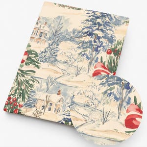 May include: A rectangular fabric swatch featuring a watercolor-style winter landscape print with houses, snow-covered pine trees, and clusters of red berries. A circular inset shows a magnified view of the same pattern with blue and white tones.
