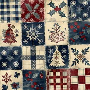 May include: A fabric panel featuring a grid of square patches with holiday-themed patterns. Designs include red and blue plaid, white snowflakes on blue, red holly leaves, a red Christmas tree, a white Christmas tree, and red berries.