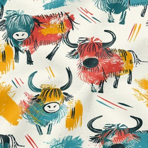 May include: A fabric pattern featuring stylized Highland cattle in shades of red, teal, and yellow on an off-white background. The design includes abstract brushstrokes and lines in matching colors, creating a repeating graphic print.