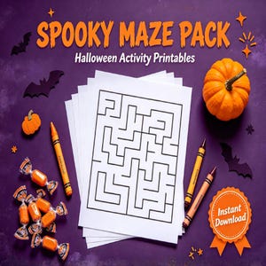 May include: A Spooky Maze Pack Halloween Activity Printables set featuring white paper sheets with black maze designs, orange crayons, wrapped orange sweets, a small orange pumpkin, and a larger orange pumpkin on a dark purple background.