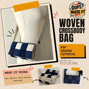 Pode incluir: Um tutorial de costura em PDF para uma bolsa transversal tecida intitulado Oops, Made It! O guia inclui uma lista de corte e instruções passo a passo. A bolsa apresenta um padrão xadrez azul e branco com alça lisa e botões de metal.