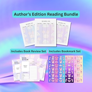 May include: Author's Edition Reading Bundle featuring three Reading Log sheets with columns for Book Title, Author, Pages, and Date. Includes a Book Review set with rating stars and a Bookmark set with a repeating pattern of bunnies and clouds.