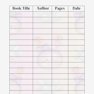 May include: A reading log template featuring a grid with columns labeled Book Title, Author, Pages, and Date. The background displays a repeating pattern of light pink and cream sections with faint illustrations of a rabbit face with a purple bow.