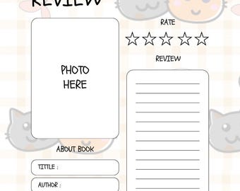 Hojas de reseñas de libros con fondo a cuadros para amantes de los gatos (tamaño carta estadounidense)