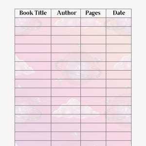 Könnte beinhalten: Eine Leseprotokoll-Vorlage mit einem rosa-orangen Farbverlaufshintergrund und Illustrationen von Planeten und Wolken. Die Tabelle enthält Kopfzeilen für Book Title, Author, Pages und Date, die in Zeilen zum Verfolgen des Lesefortschritts unterteilt sind.
