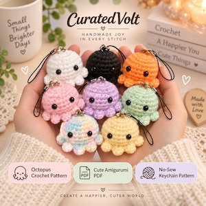 May include: A collection of eight small, crocheted octopus keychains in various colours including white, black, orange, pink, purple, light green, yellow, and a multi-coloured pastel yarn. Each octopus features two black bead eyes and a black cord.