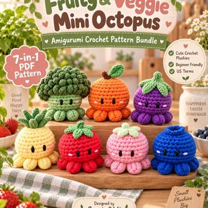 Può includere: Un set di 7 modelli di uncinetto amigurumi intitolato Fruity & Veggie Mini Octopus, che presenta sette peluche a forma di polpo all'uncinetto colorati come broccoli, arancia, melanzana, ananas, pomodoro, fragola e mirtillo.