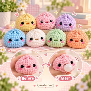 Peut inclure: Une collection de sept peluches crochetées rondes en jaune, rose, violet, bleu, blanc, vert et orange. Chacune présente des yeux en perles noires, des joues roses brodées et une petite bouche. Deux encarts circulaires montrent une peluche rose avant et après l'apparition d'une bulle blanche.