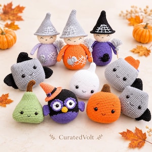 May include: A collection of ten crocheted Halloween-themed figures including three witches in pointed hats, a white ghost, a green pear, a black owl with an orange hat, two orange pumpkins, and two grey bat-like creatures, with the text CuratedVolt.